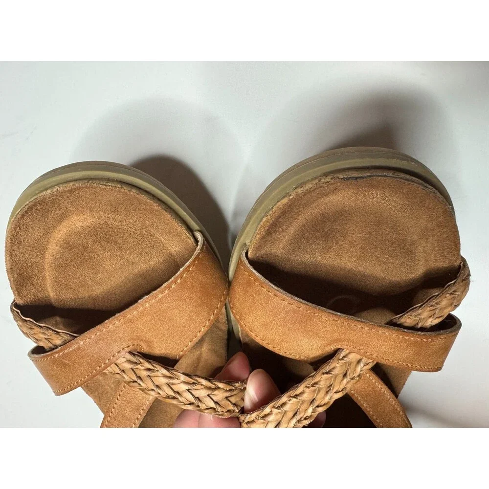 Jessica Cline Size 7M Brooke Wedge Sandals Tan Braided Strappy Crisscross Ankle